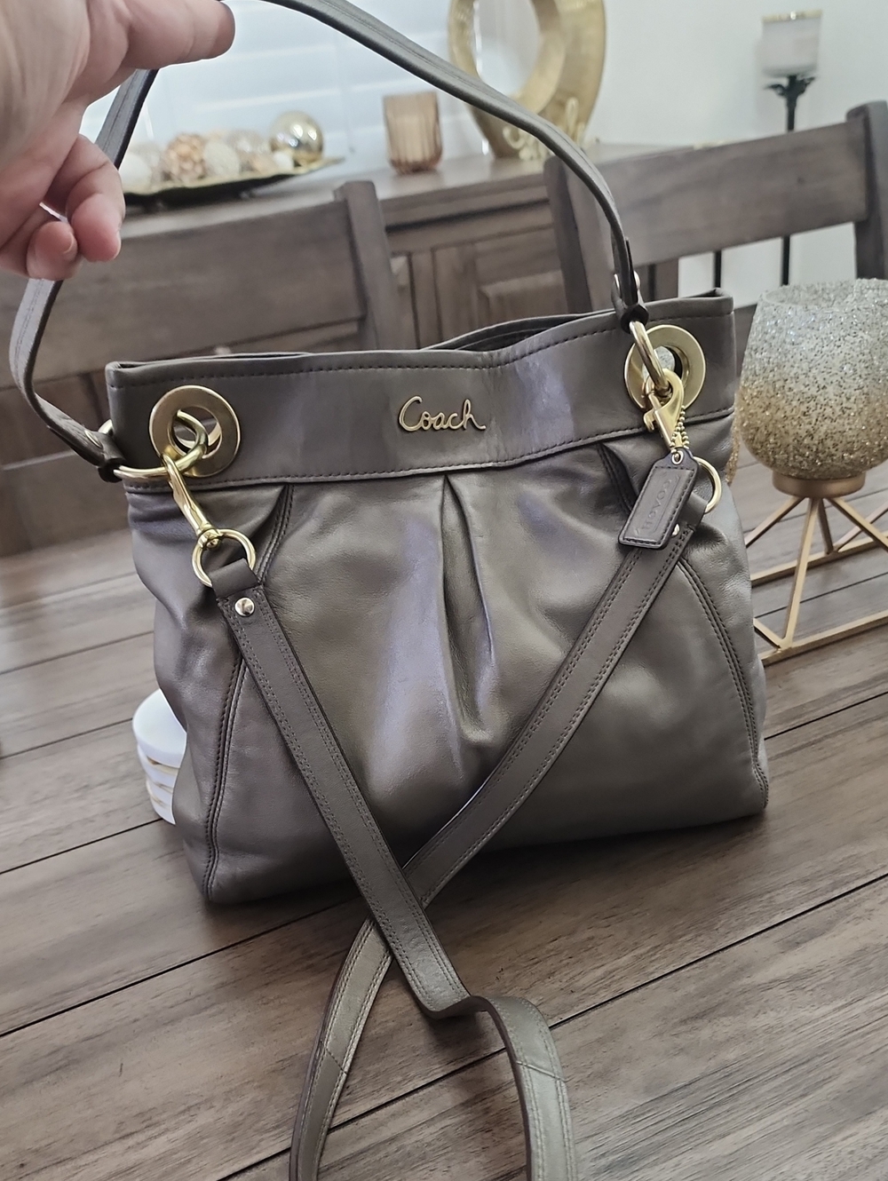 Coach Metallic Gray Bronze Leather Shoulder/crossbody Bag with Gold Hardware COA